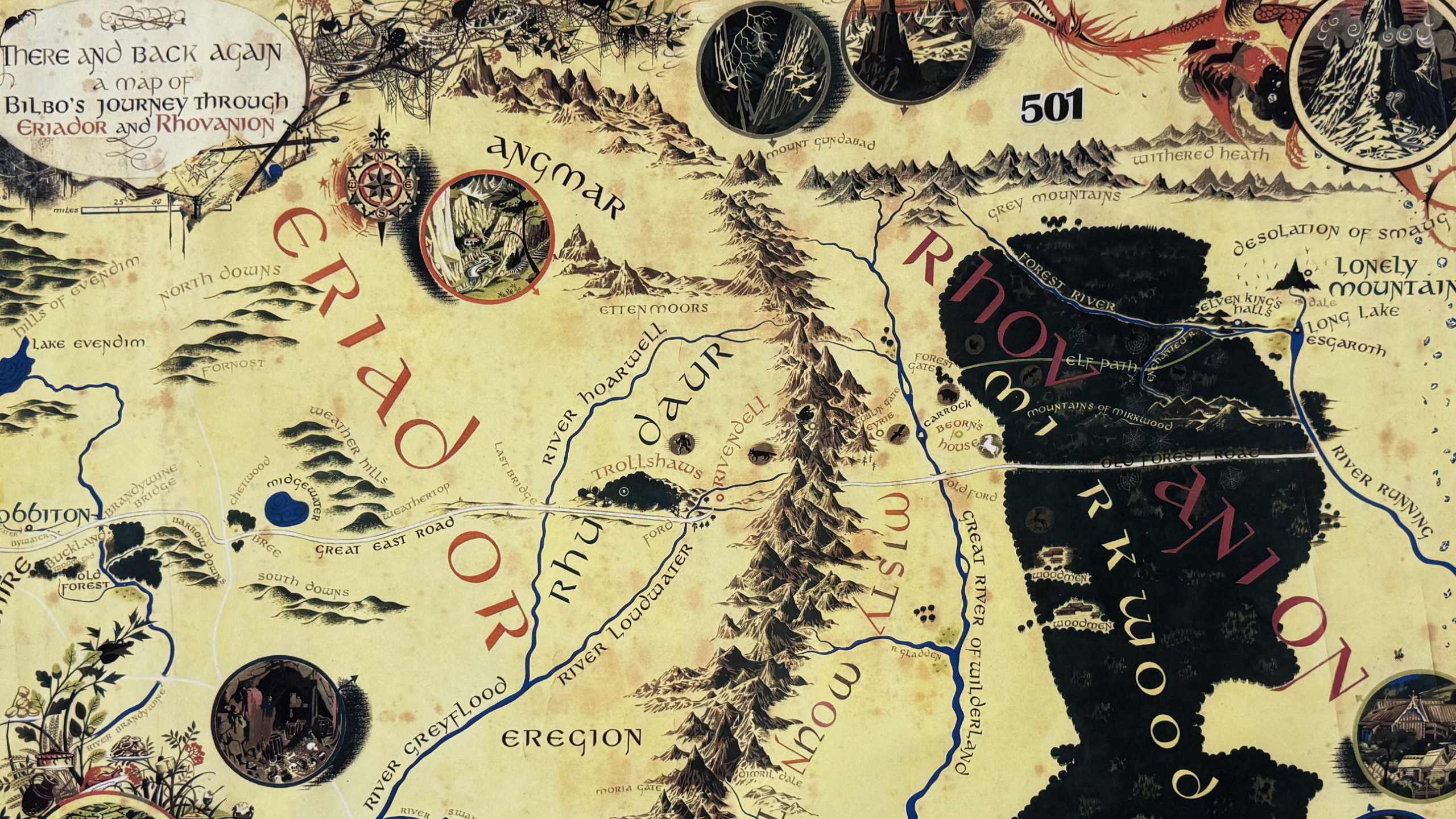 Pauline Baynes, Mappa della Terra di mezzo ai tempi degli Hobbit, 1977. Dettaglio