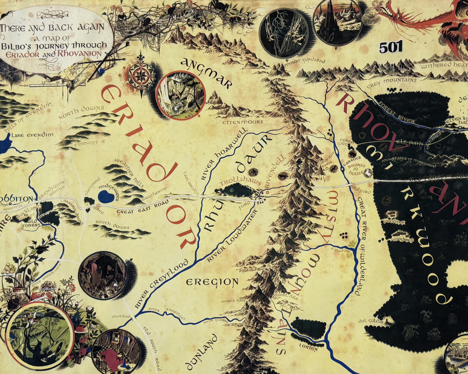 Pauline Baynes, Map of Middle-earth in the Time of the Hobbits, 1977. Detail