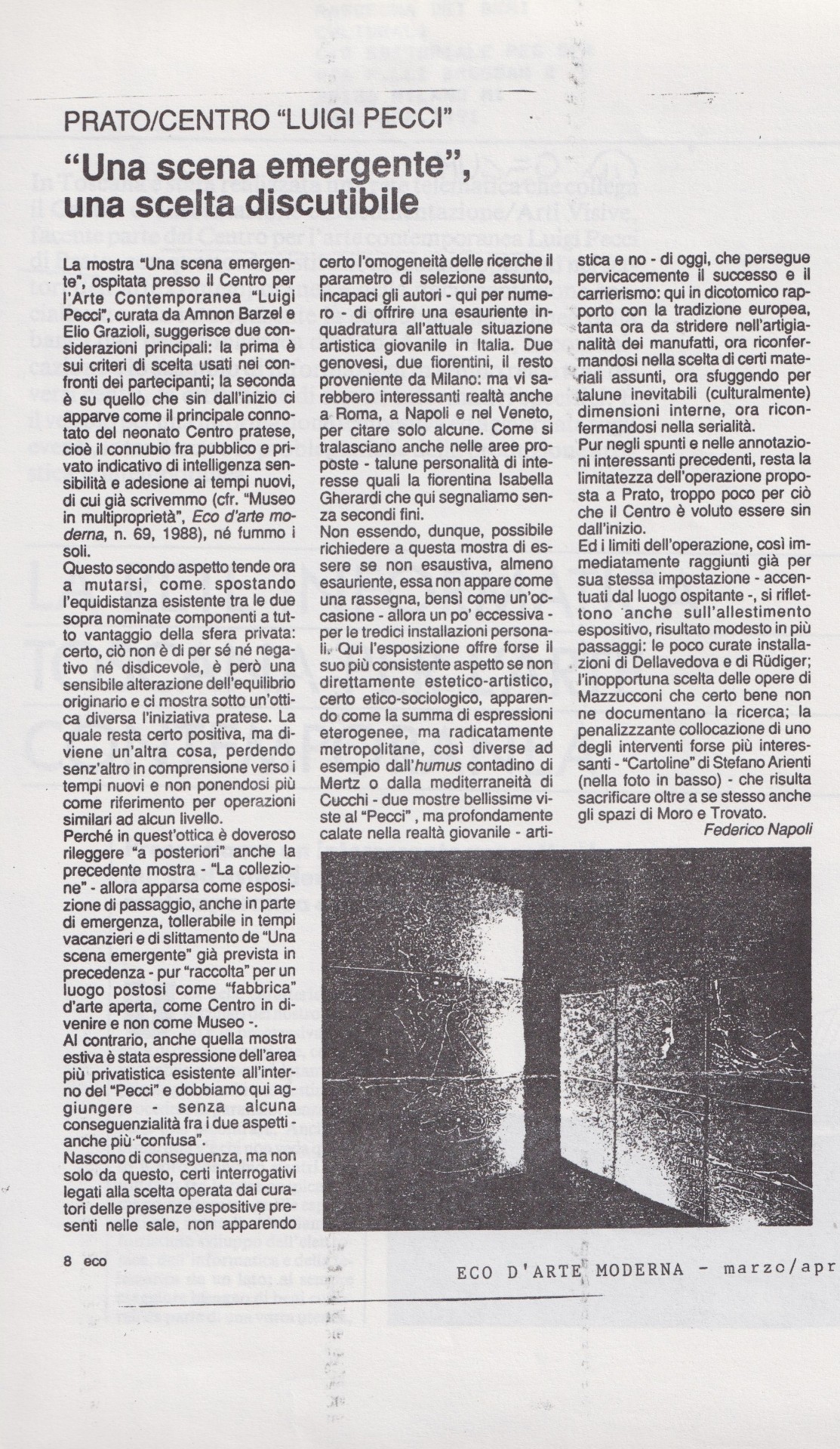 Federico Napoli, “Una scena emergente”, una scelta discutibile, «Eco d’Arte Moderna», marzo-aprile 1991, p. 8