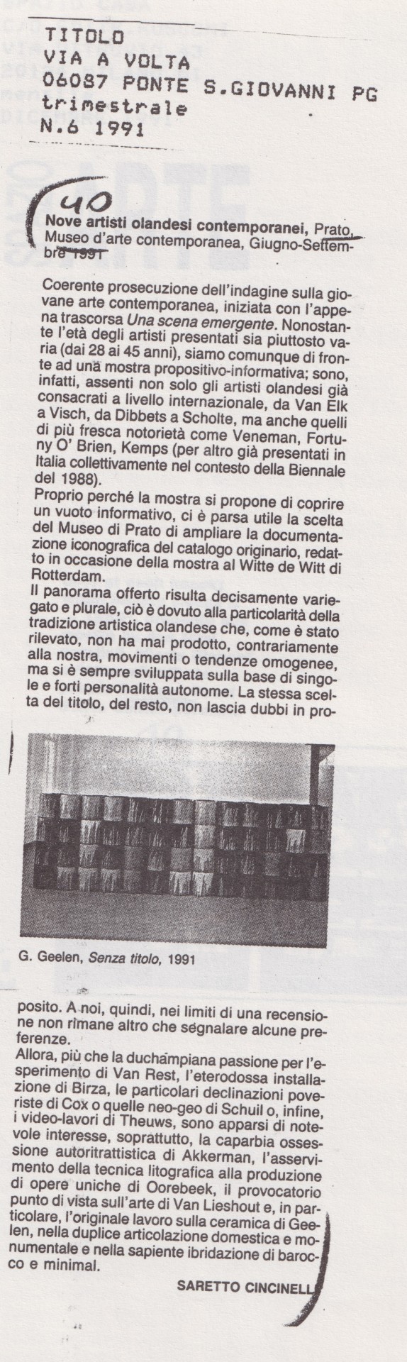 Saretto Cincinelli, Nove artisti olandesi contemporanei, «Titolo», 6, 1991
