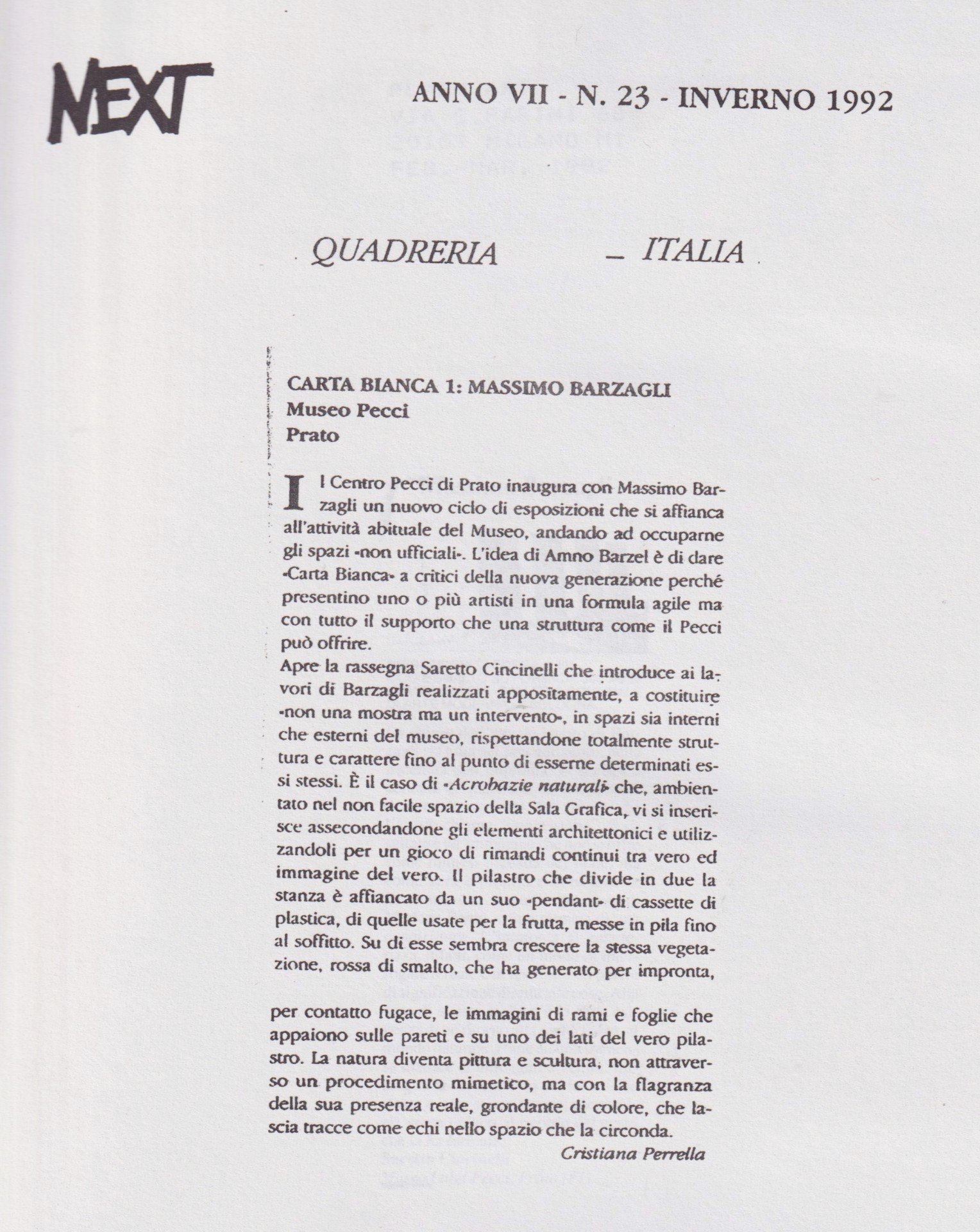 Cristiana Perrella, Carta Bianca 1: Massimo Barzagli, «Next», VII, 23, inverno 1992