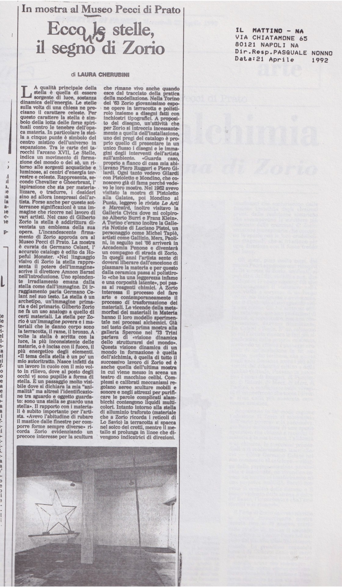 Laura Cherubini, Ecco le stelle, il segno di Zorio, «il Mattino», 21 aprile 1992