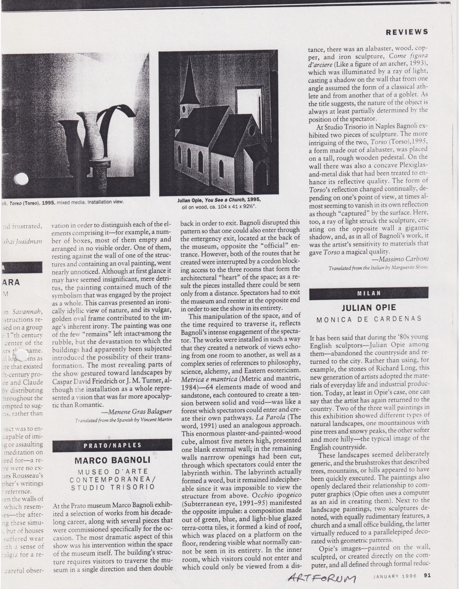 Massimo Carboni, Marco Bagnoli, «Artforum», 34, 5, January 1996, p. 91
