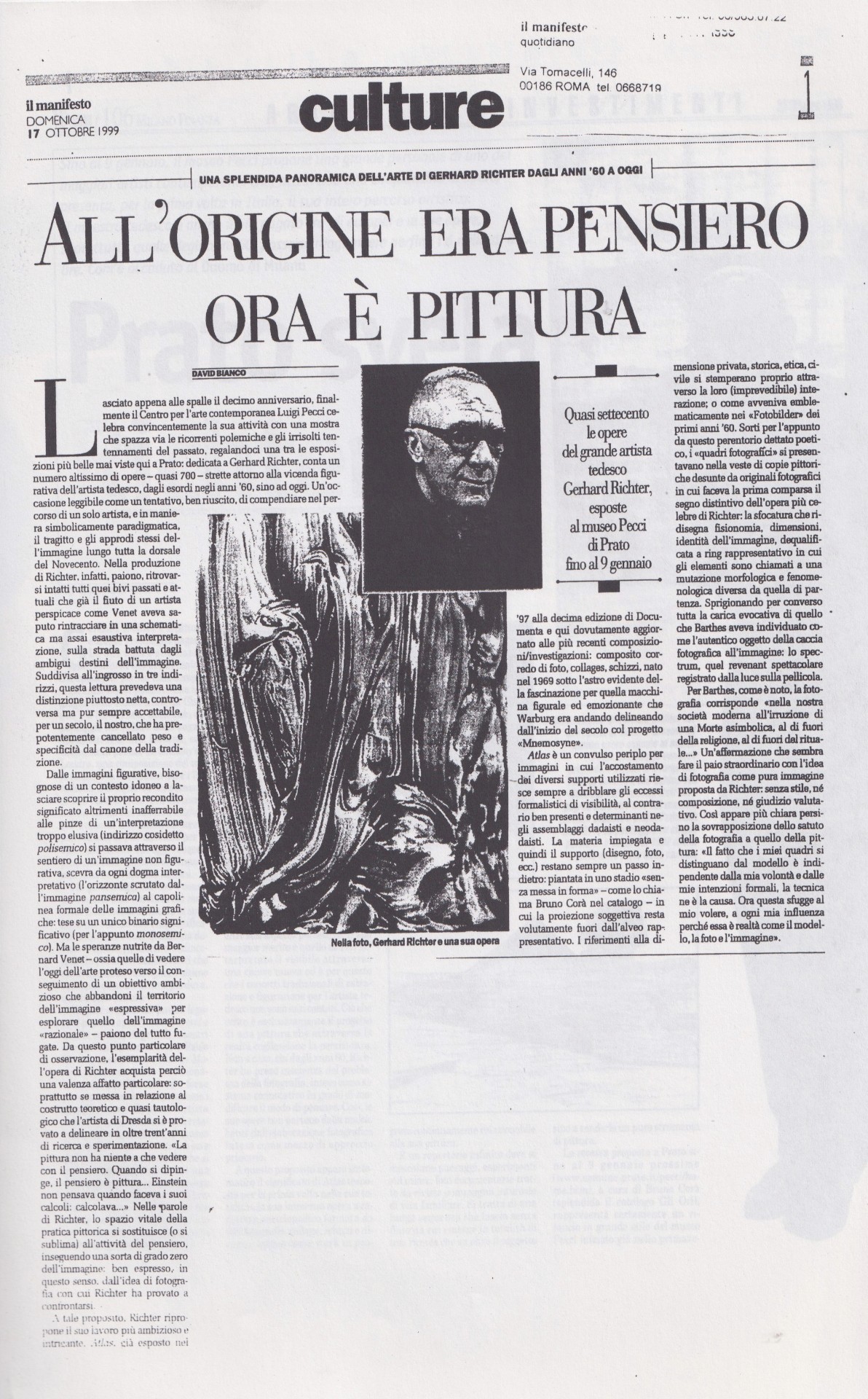 David Bianco, All’origine era pensiero ora è pittura, «il manifesto», 17 ottobre 1999, p. 17