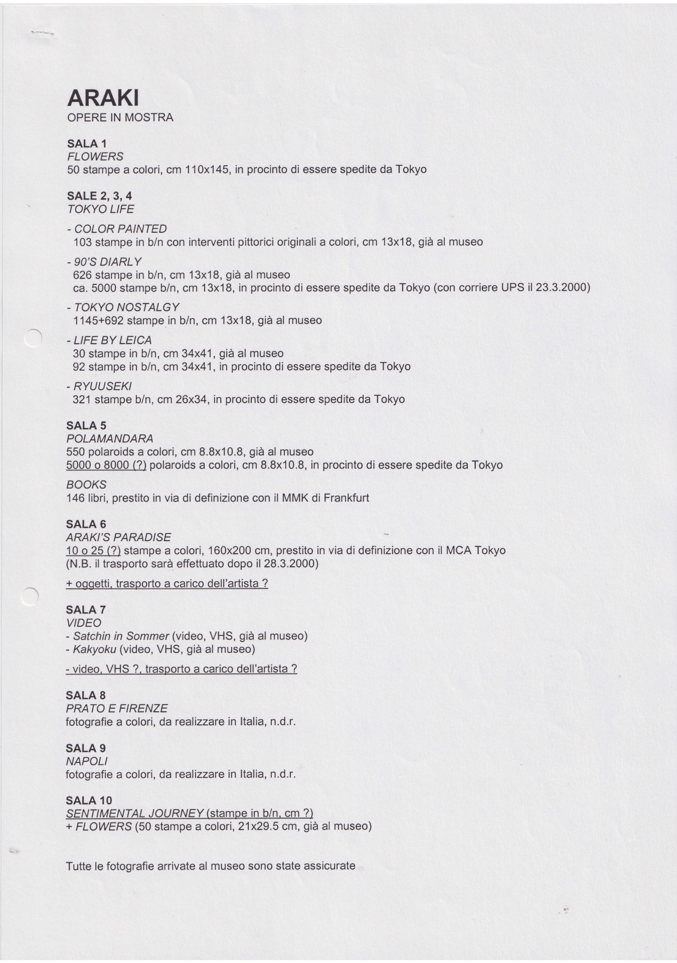 Araki. Viaggio sentimentale, elenco delle opere in mostra, 2000